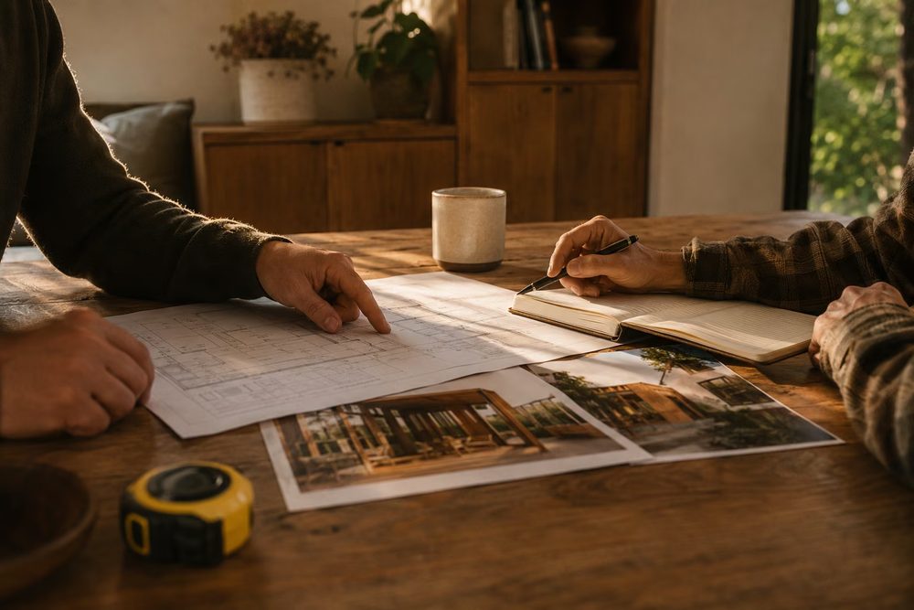 Homeowner and contractor reviewing an estimate at a kitchen table