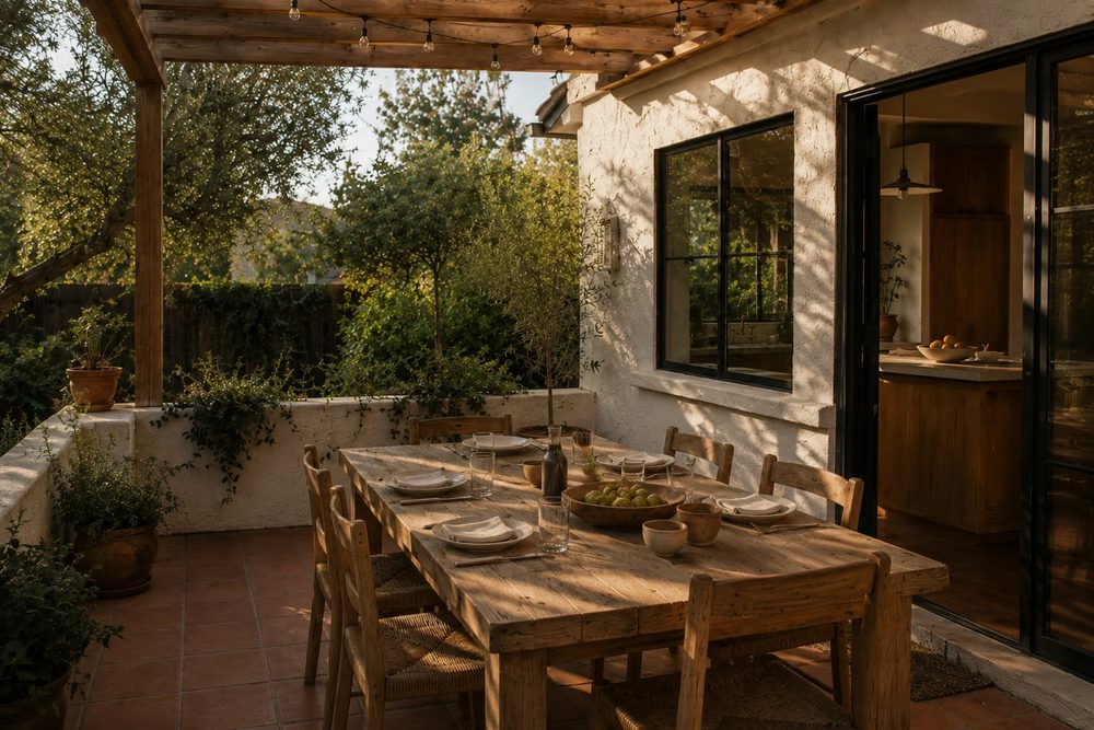Covered indoor-outdoor living space with dining table