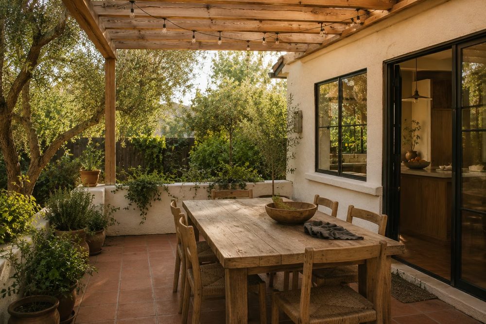 Covered outdoor living space with seating