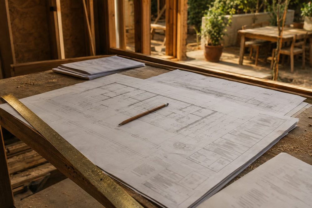 Approved permit set and drawings on a workbench